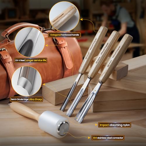 Wood Carving Tools, Wood Carving Kit of 12 Chisels, 1 Nylon Hammer & Leather Bag, CR-V Wood Chisel Set Whittling Kinves Kit, Carving Knife Set for Beginners, Carpenters