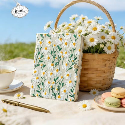 Daisy Gifts, Hardcover Notebook, Lay-flat, A5, 8"x6", Embroidered Journal, Floral Notebook, Plain Notebook, Pretty Journal for Women, Personal Journal, Cute Sketchbook, White Daisy - color: A5-Button-White, style: Plain