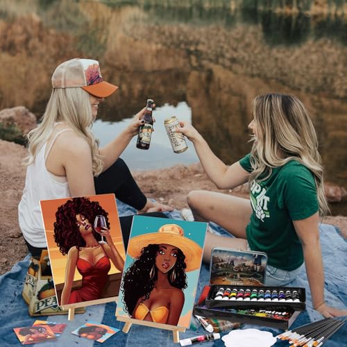 Cholemy 36 Pcs Paint and Sip Kit for Adults 8''x10'' Pre Drawn Canvas for Painting DIY Afro Acrylic Painting Kit Wood Easel Brushes Date Night Bulk for Summer 4th of July Party Gift(Fashion Women) - style: Fashion Women
