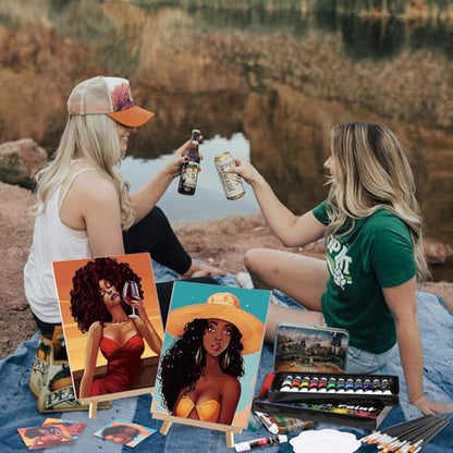 Cholemy 36 Pcs Paint and Sip Kit for Adults 8''x10'' Pre Drawn Canvas for Painting DIY Afro Acrylic Painting Kit Wood Easel Brushes Date Night Bulk for Summer 4th of July Party Gift(Fashion Women) - style: Fashion Women