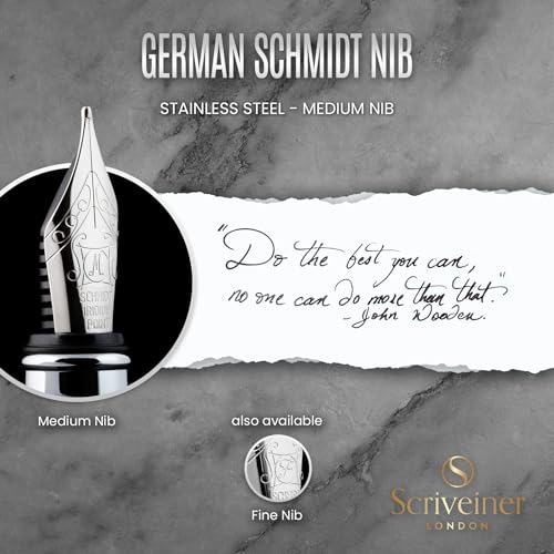 Scriveiner Stainless Steel Fountain Pen - Stunning Luxury Pen with Steel Finish, Schmidt Steel Nib (Medium), Pen Gift Set for Men & Women, Professional, Executive Office, Nice Designer Pens - color: 13. Stainless Steel with Chrome, style: Medium Nib