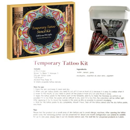 Temporary Tattoo Stencils Kit-Reusable 12 Large Sheets, 78 Unique Designs-6 Tattoo Cones 3 Colors (Brown/Black/Maroon) with Brush & Wipes for Adults, Teens, Beginners,Family Fun Party - color: A-6Pcs