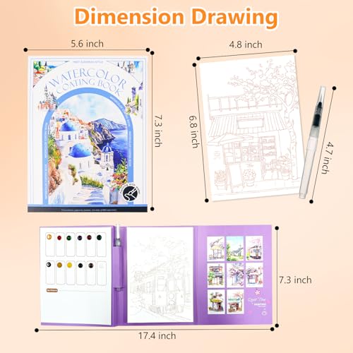 Mulyric 2-Pack Watercolor Painting Books for Adults & Beginners - All-in-One Creative Stress Relief Art Kit with 3-Fold Pad, 32 Pre-Printed Pages, 24 Colors & 2 Brushes (European + Serene Scenery) - color: European + Serene Scenery