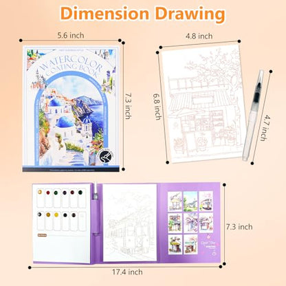 Mulyric 2-Pack Watercolor Painting Books for Adults & Beginners - All-in-One Creative Stress Relief Art Kit with 3-Fold Pad, 32 Pre-Printed Pages, 24 Colors & 2 Brushes (European + Serene Scenery) - color: European + Serene Scenery