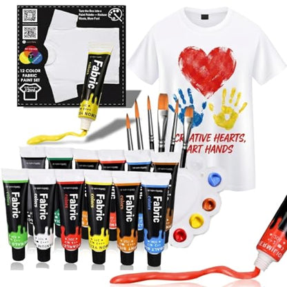 HUAL Fabric Paint Set for Clothes, 12 Colors Textile Paint with 6 Brushes & Palette, Quick-Drying Non-Toxic Water-Based Paint Kit for T-Shirts, Shoes, Canvas, DIY Art & Crafts - color: Black Box (Palette Box)