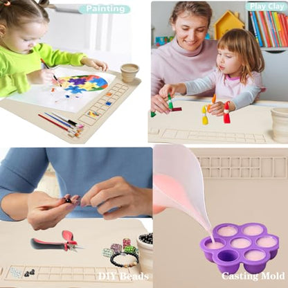 Silicone Painting Mat, 20"x 16" Silicone Art Mat with Cup, Kids Painting mat for Resin, DIY, Drawing Resin, Paint, Clay， Large Craft Art Mat (Beige) - color: Beige