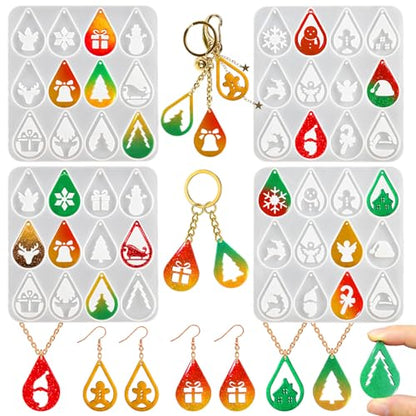4 Pack Christmas Resin Earring Molds, Various Shapes Waterdrop Snowflake Snowman Elk Gingerbread Man Santa Claus Christmas Tree Silicone Mold for DIY Making Earring Pendant Jewelry Gift - color: 4 Pack Waterdrop Christmas Earring Molds