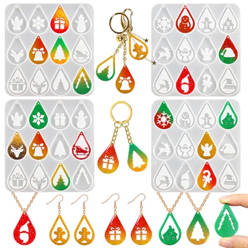 4 Pack Christmas Resin Earring Molds, Various Shapes Waterdrop Snowflake Snowman Elk Gingerbread Man Santa Claus Christmas Tree Silicone Mold for DIY Making Earring Pendant Jewelry Gift - color: 4 Pack Waterdrop Christmas Earring Molds