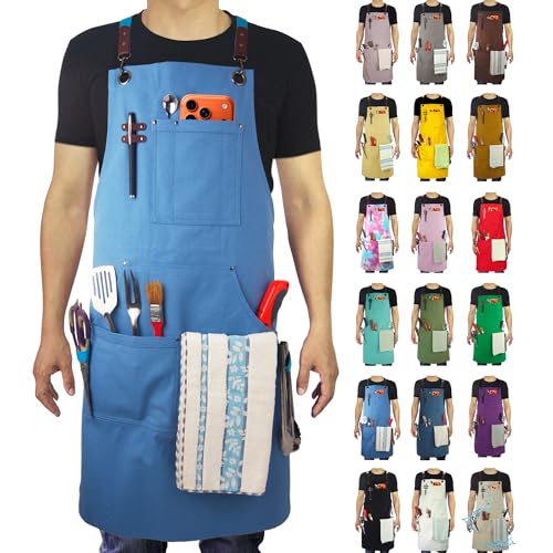 Kitchen Aprons, Work Apron, Canvas, Multiple Pockets, Gardening, Painting, BBQ, Carpenter, Sizes M to XXL, SkyBlue - color: Skyblue
