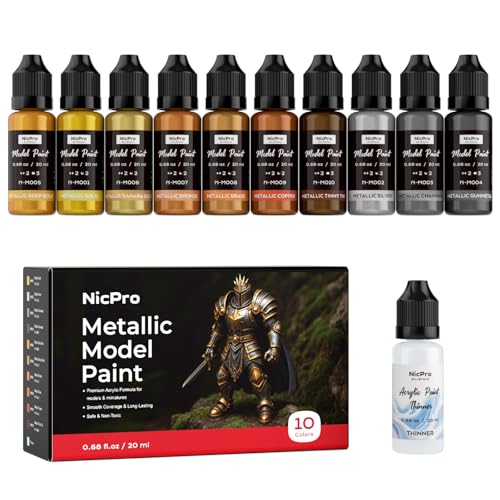 Nicpro 10 Colors Metallic Model Paint Set, 20ml Ready to Use Modeling Acrylic Paints, Brush & Airbrush Compatible, Miniature Paint Set for Beginner & Pro on Model, Scale Figure, Crafts, with 1 Thinner - style: Metallic