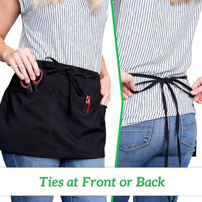 GREEN LIFESTYLE Server Aprons with 3 Pockets - Waist Apron, Waitress Apron for Women and Man, Water Resistant with Long Waist Strap Reinforced Seams, Half Apron (24 Pack - Black) - style: Server - 24 Pack