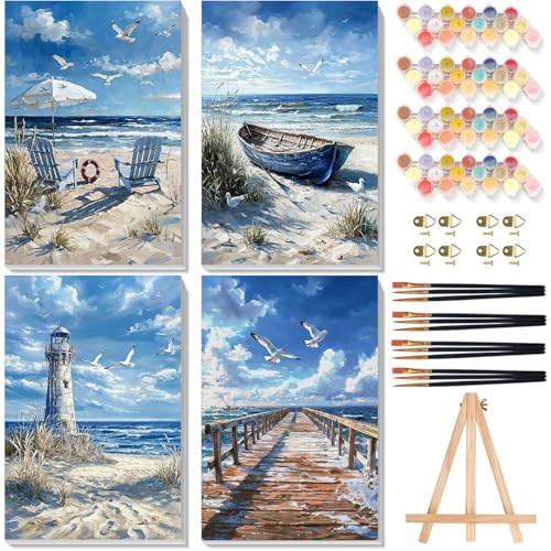 xackcme 4 Pack Paint by Numbers for Adults with Framed Canvas - with Wooden Easel, Beach Paint by Number on Canvas, DIY Coast Acrylic Oil Painting Kits with Brushes for Home Wall Decor (8x12 inch) - color: BKH2393+BKH2394+BKH2395+BKH2396