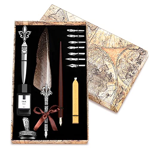 Vintage Quill Pen Ink Set,Feather Quill Pens with Wooden Calligraphy Pen, Including 7 Different Sizes of Nib, Calligraphy Pen Set Gift & Women and Man(Grey)