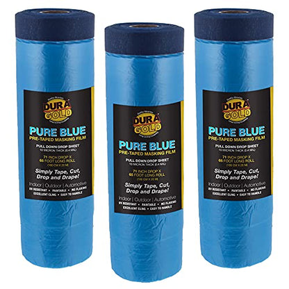 Dura-Gold 71" x 65' Pure Blue Pre-Taped Masking Film, (3 Pack) Painters Plastic Roll (0.4 Mil), Pull Down Drop Sheet, Pre-Taped Plastic Sheeting for Painting Protection on Auto, Walls, Furniture