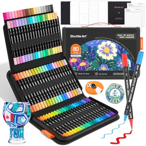 Shuttle Art 80 Colors Dual Tip Acrylic Paint Markers, Brush Tip and Fine Tip Acrylic Paint Pens for Rock, Ceramic, Wood, Canvas, Plastic, Glass, Stone, Calligraphy, Card Making, DIY Football Crafts - color: 80 Colors Brush Tip and Fine Tip