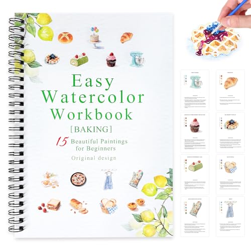 SLWBZ Watercolor Workbook Baking, 15 Different Patterns of Original DIY Designs, 16 Color Watercolor Paint Plates with Palette and Brush, Beginner-Friendly Watercolor Workbooks, Baking - color: Baking, size: with palette