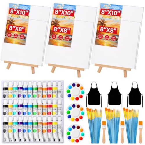 Canvas Painting Kit, 84 Pcs Sip and Paint Kit for Adults Couples Date Night | Canvas and Easel Set with Small Art Paint Brushes, 12 Colors Acrylic Paints, Paint Party Supplies Valentines Day Painting Kit - color: 12ML Acrylic Paints