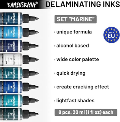 KAMENSKAYA Delaminating Alcohol Inks - Delaminating Ink Set 'Marine' - 8 pcs. 1 Fl Oz (30 ml) Each - color: Marine