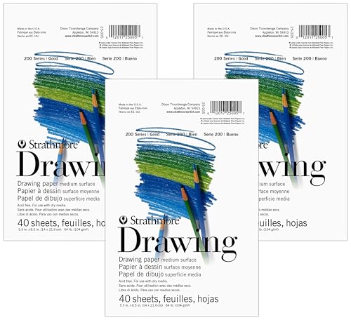 Strathmore 200 Series Drawing Paper, Tape Bound Pad, 5.5x8.5 inches, 10 Sheets (64lb/104g) - Artist Paper for Adults and Students - Charcoal, Colored Pencil, Ink, Pastel, Marker (Pack of 3) - size: 5.5x8.5 (Pack of 3)