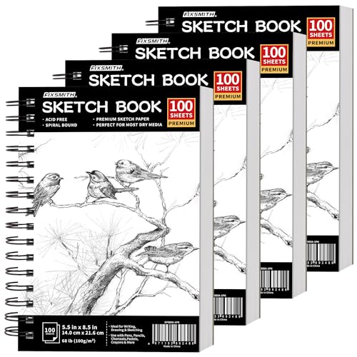 FIXSMITH 5.5"X8.5" Sketch Book | 400 Sheets (68 lb/100gsm) Sketchbook |Acid Free Drawing Paper | Spiral Bound Artist Sketch Pad | for Kids, Beginners, Artists & Professionals | Bright White - color: Black, size: 5.5"x8.5"-4 Pack