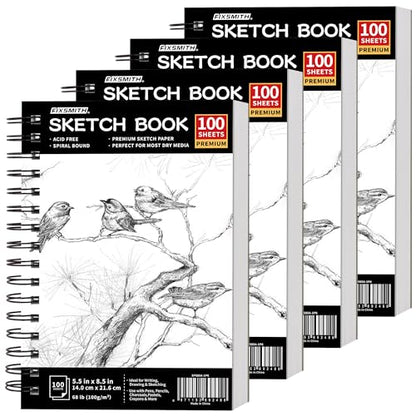 FIXSMITH 5.5"X8.5" Sketch Book | 400 Sheets (68 lb/100gsm) Sketchbook |Acid Free Drawing Paper | Spiral Bound Artist Sketch Pad | for Kids, Beginners, Artists & Professionals | Bright White - color: Black, size: 5.5"x8.5"-4 Pack