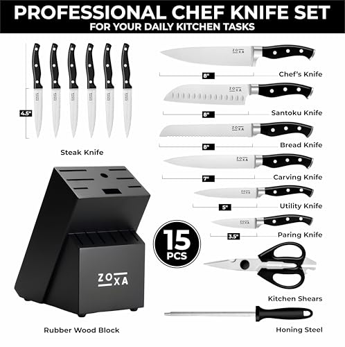 Kitchen Knife Set with Block, 15-Piece Stainless Steel Chef Knife Set, Kitchen Knives with Steak Knives, Honing Rod & Kitchen Scissors, Knife Block Set