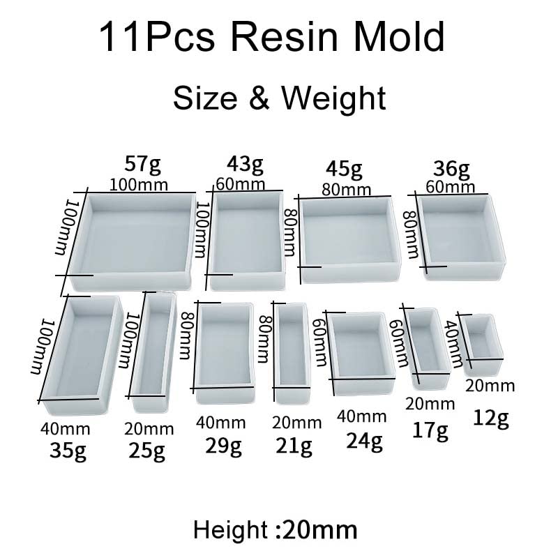 11Pcs Cube Molds for Resin Hexahedron Crystal Polyhedral Mold Square Rectangular Molds Silicone Cube Casting Molds for Insect Plant Specimen Candle Wax, Soap Display Tray Molds Kit 11 Sizes
