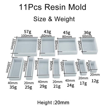 11Pcs Cube Molds for Resin Hexahedron Crystal Polyhedral Mold Square Rectangular Molds Silicone Cube Casting Molds for Insect Plant Specimen Candle Wax, Soap Display Tray Molds Kit 11 Sizes
