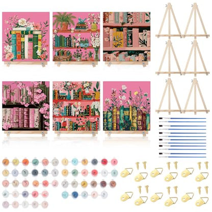 YooNotee 6 Pack Paint by Numbers Kit for Adults Pink Bookshelf Adult Paint by Number Kits for Women on Canvas Book DIY Acrylic Painting on 8x8 Inch Canvas with Wooden Easels & Brushes, Home Wall Decor - style: Bookcase