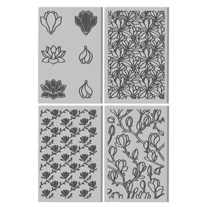 4 Sheets Magnolias Flowers Pattern Polymer Clay Texture Sheet Plants Pattern Rubber Clay Texture Mat for Polymer Clay Making Earrings Jewelry DIY Crafts 4 × 2.5 Inch - style: Magnolias Flowers