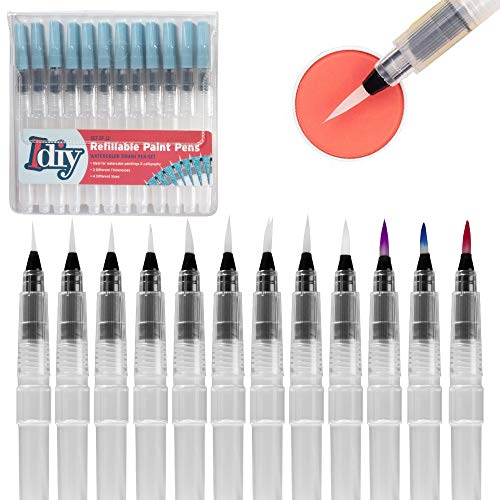 Refillable Watercolor Brush Pens Set of 12 – Water Brush Pens with 3 Tip Sizes (3mm, 4mm, 5mm) – Nylon Point Tips for Painting, Lettering, Calligraphy & DIY Crafts – Easy Flow Control & Easy to Clean - size: 12 pk