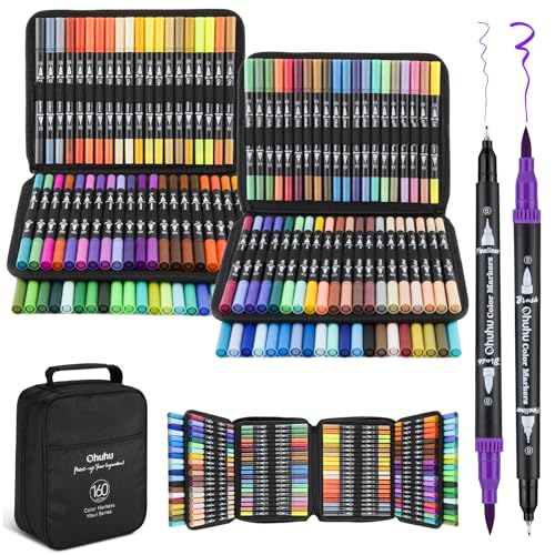 Ohuhu Markers for Adult Coloring Books No Bleeding 160 Colors Water-based Dual Tips Fineliner & Brush Coloring Markers for Kids Adults Beginners Drawing Pens for Journaling Lettering - Maui - Black - color: Black Pen, size: 1 Count (Pack of 160)