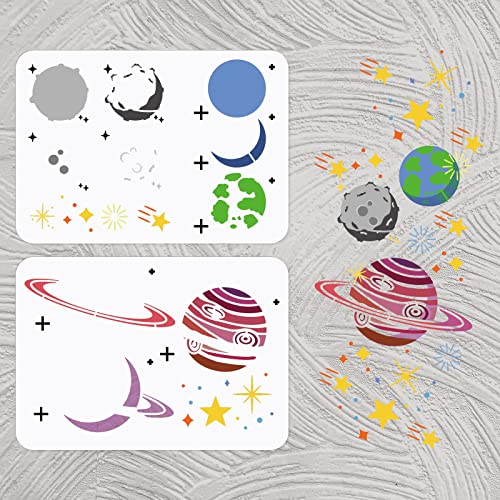 INFUNLY 2pcs Space Planets Wall Stencils for Painting 11.7x8.3 Tile Stencil Set Reusable Plastic Wall Stencils Template for Painting on Wood Wall Furniture Floor Tiles Fabric DIY Home Decor - color: Space Planets Wall Stencils
