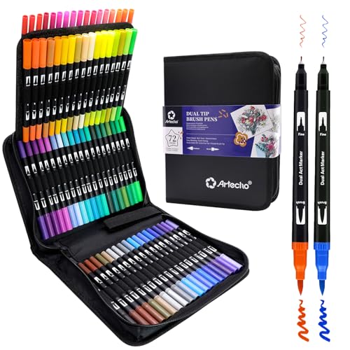 Artecho 72 Colors Markers for Adult Coloring Books, Dual Tip Markers for School, Fine and Brush Tip for Adults Coloring Books, Calligraphy, Drawing, Sketching - style: 72 colors with bag