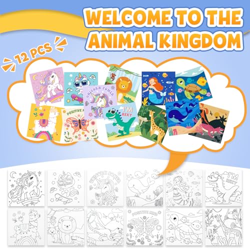 CONDA 12 Pcs Pre Drawn Canvas to Paint 6x6 Inch, Animal Pre Printed Canvas for Painting for Beginners Students, DIY Paint Art Supplies, Painting Canvas Panels and Sip Kit - color: Animal Canvas