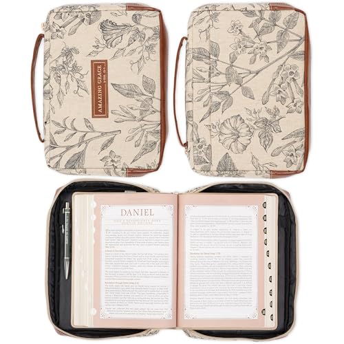 Christian Art Gifts Women's Premium Natural Canvas Vegan Leather Fashion Bible Cover: Amazing Grace - Inspirational Scripture, Sturdy Protective Book Carry Case Accessory, Creamy Brown Floral, Large - size: Large