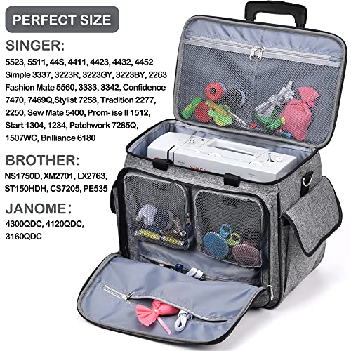 CAB55 Rolling Sewing Machine Case, Detachable Rolling Sewing Machine Carrying Case on Wheels, Trolley Tote Bag with Removable Bottom Wooden Board for Most Standard Sewing Machine and Accessories - color: Grey