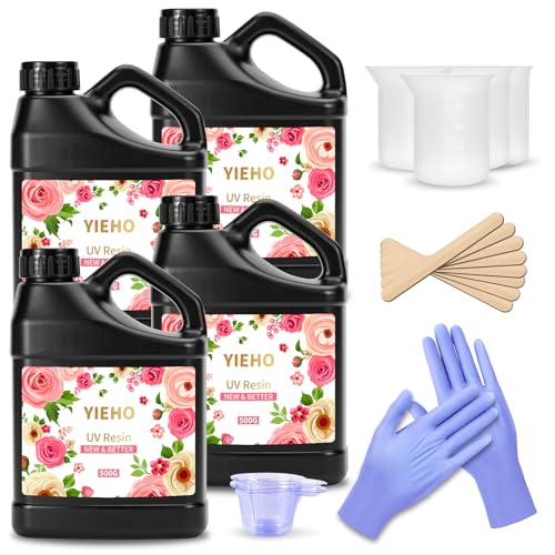 YIEHO UV Resin 2000g -Bulk Upgraded Crystal Clear Hard UV Fast Curing Epoxy Resin Supplies for Craft Jewelry Making with Sticks, Gloves and Measuring Cups - size: 2000g