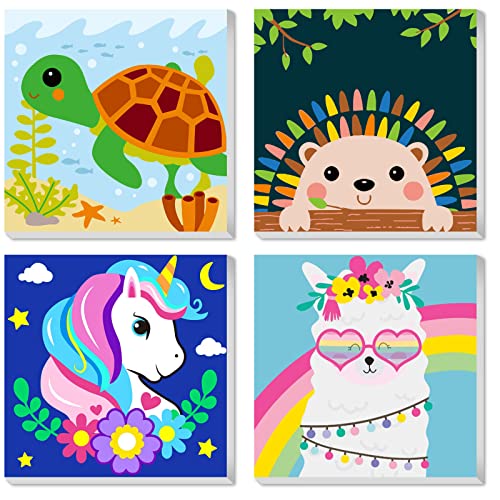 CarlonLin Framed 4 Pack Paint by Number for Kids, Paint by Numbers for Kids Ages 8-12, Paint by Numbers Kits Children Beginner, DIY Acrylic Oil Painting for Home Wall Decor (8x8inch) - color: Animals 4 pack