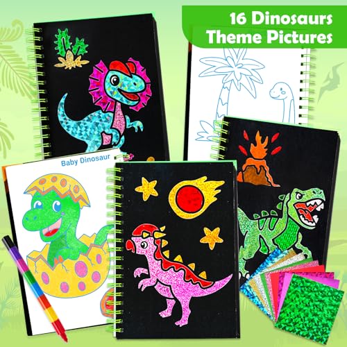 FUNNYB&G Foil Art Craft Kit for Boys 4-10 Years Old: Mess-Free & No-Glue, Create 16 Sparkly Dinosaur World Pictures – Perfect Travel Toy & Birthday Gift for Kids (Dinosaur World) - style: Dinosaur World