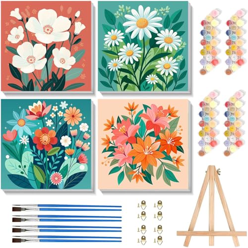 cviokrdu 4 Pack Paint by Numbers Kit for Kids with Frame - Wooden Easel, Flowers Paint by Numbers for Kids Ages 4 8 12, Easy Flower Acrylic Oil Painting Kits for Home Wall Decoration 8x8 inch - color: BKH1454-BKH1457