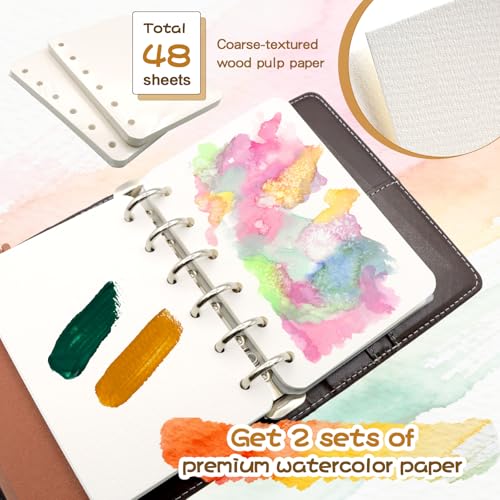 A7 Pocket Watercolor Paint Set, 24 Colors with 2 Water Brush Pens, 48 Sheets Binder Paper & 2 Anti-Stain Dividers, Portable Travel Sketching Kit for Adults Artists, Travel Journaling Gift