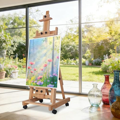 H-Frame Beech Wood Easel, 56-91 Inch Adjustable Height Painting Easel Tilting Flat Floor Art Stand with Lockable Wheels for Sketch Oil Drawing Home Studio Display