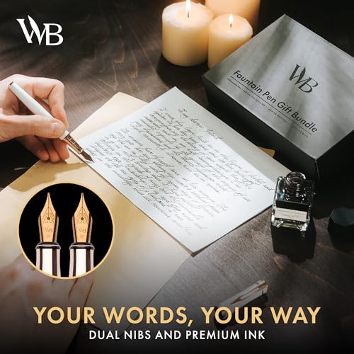 Wordsworth & Black Fountain Pen Set,18K Gilded Medium & Extra Fine Nib,25ML Black Ink Bottle,6 Ink Cartridges,Refill Converter,Gift Box,Smooth Writing Pen [White Rose Gold],Gift Set for Men and Women - color: White Rose Gold