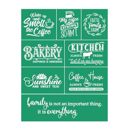 JAJADO Farmhouse Kitchen Silk Screen Stencil Reusable Self Adhesive Stencil, Coffee Quotes Homemade Bakery Farmhouse Sign Making Burning Stencils for Painting On Wood/Ceramic/Fabric Art Craft 8.5x11“ - color: 1pc Bakery Coffee Family 8.5x11in