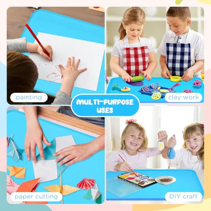 Silicone Painting Mat with Raised Sides, 24" x 16" Playdoh Art Mat | Food-Grade Silicone Art Mat for Crafts, Protects Table From Spills, Stains, Paint Mats for Clay, Jewelry-Making - color: Blue