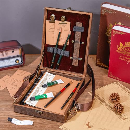 SUPERFINDINGS Writers Messenger Wood Box Tabletop Easel Box Painting Brush Tool Storage Cage Portable Storage Easel Box with Band for Outdoor Painting Drawing Sketching Writing