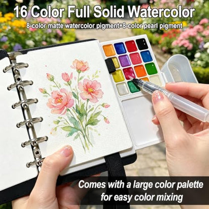 Travel Watercolor Set, 16 Colors Standard (8 Matte & 8 Shimmer), Pocket Paint Set with 30-Sheet 300G Cotton Sketchbook, Detachable Palette, Water Cup & Water Brush, Black - color: Black