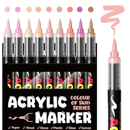 Skin Tone Acrylic Paint Markers, 9 Colors Direct Liquid Acrylic Paint Pens with Brush Tip, No Bleed Water-Based Marker for Black Paper, Rock Painting, Wood, Glass, Fabric, Ceramic, DIY Crafts - color: Colour of Skin