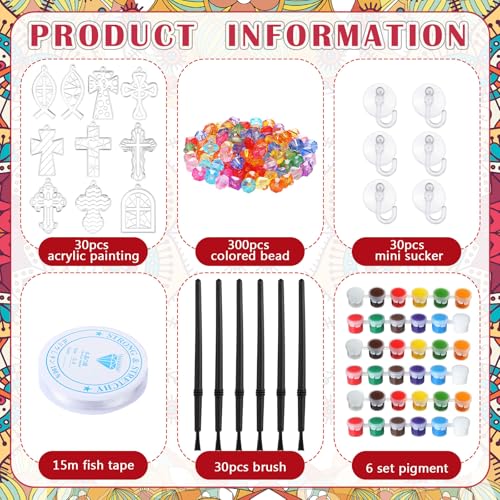 WinnerWhy 30 Sets Christian Cross Craft Kits Bulk, Religious VBS DIY Suncatcher Paint Your Own Cross Window Art Ornaments for Sunday School Church Activity Party Supplies Decoration - style: Cross Style